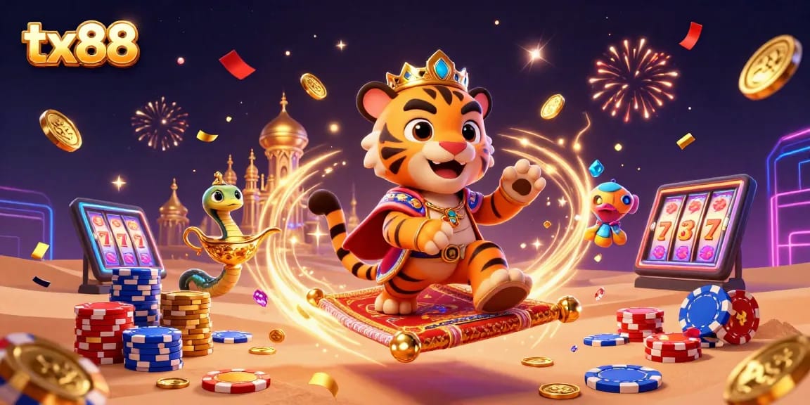 Spin to win with tx88 in this vibrant Arabian-themed 3D casino scene filled with excitement.