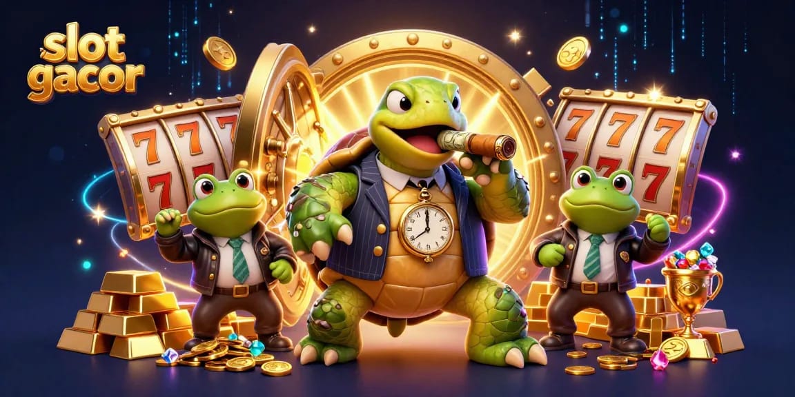 Experience the thrill of slot gacor with a cartoon turtle mobster amid golden riches and dynamic casino elements.