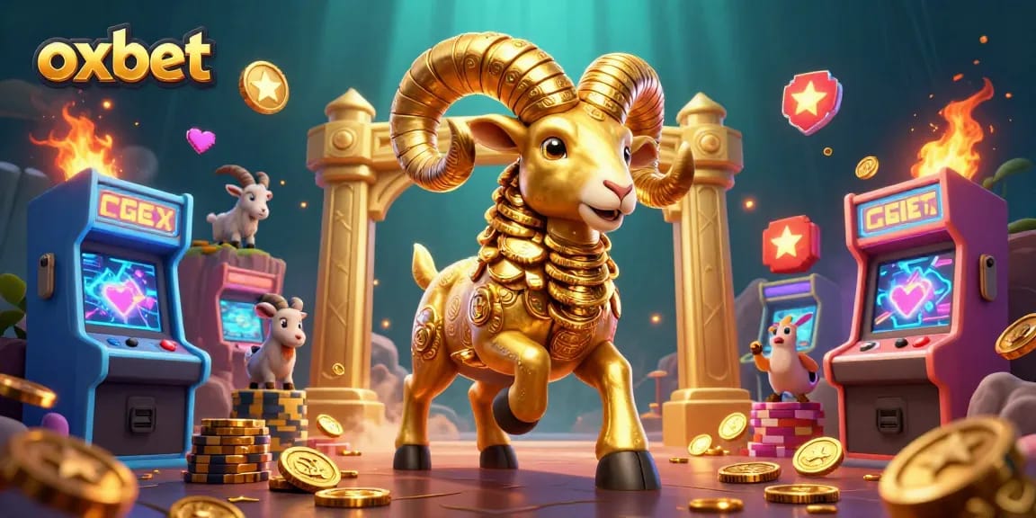 Engage with the spectacular oxbet casino scene featuring a golden ram charging through game elements, capturing excitement and fun.