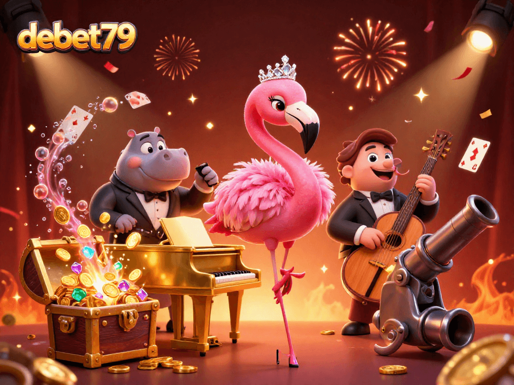 Engage with debet79's vibrant casino scene featuring animated characters amidst treasures and celebrations.