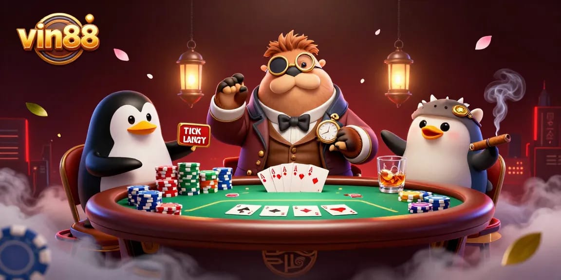vin88 Casino Scene: Jolly walrus, penguin dealer, and pufferfish bluffing at an underwater poker table