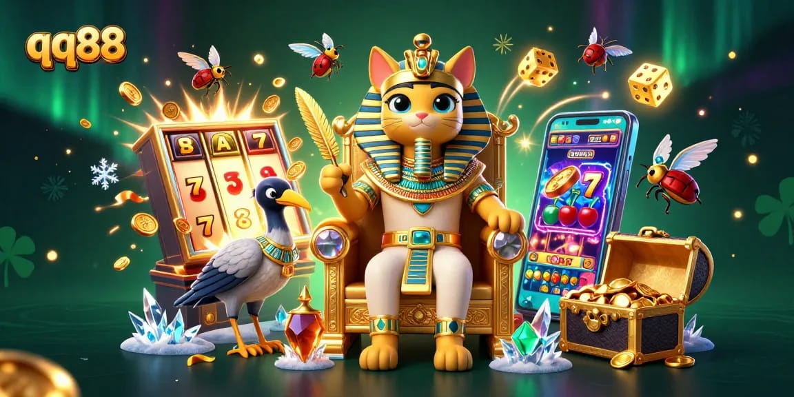 Experience epic jackpots at qq88 with a cartoon Egyptian pharaoh cat guiding your winning adventure!
