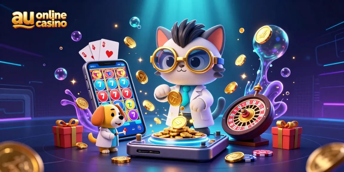 Engage with exciting gameplay at au online casino with a vibrant 3D illustration of a mad scientist cat creating gold coins.