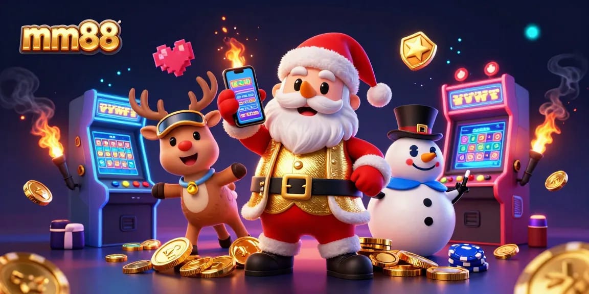 Experience the excitement of mm88's jackpot with Santa, a dealer reindeer, and a poker chip snowman!