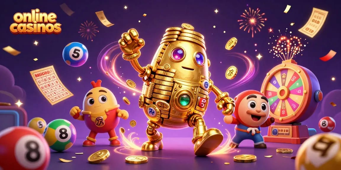 Engaging 3D casino scene depicting online casinos with vibrant elements and a dynamic golden golem character.