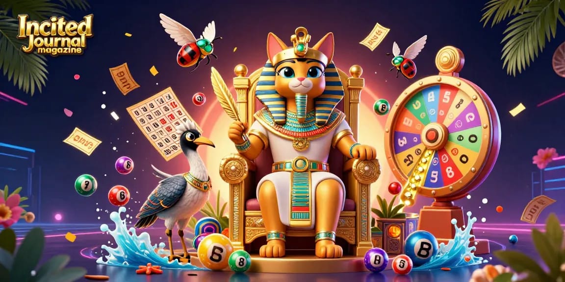 Engaging illustration of Incited Journal magazine highlighting Egyptian pharaoh cat and lottery elements.