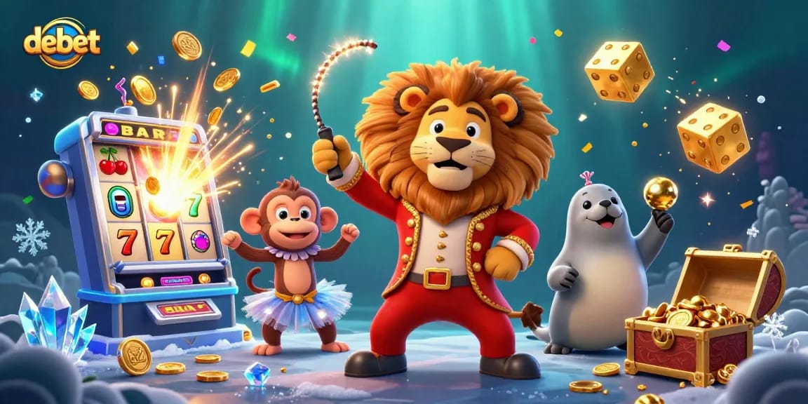 Experience the thrill of debet in a vibrant casino illustration featuring a whimsical lion and friends.