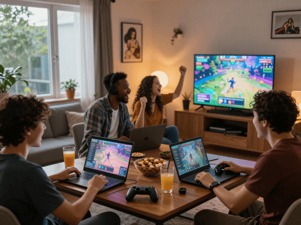 Players enjoying porngames in a cozy living room setup with vibrant game display.