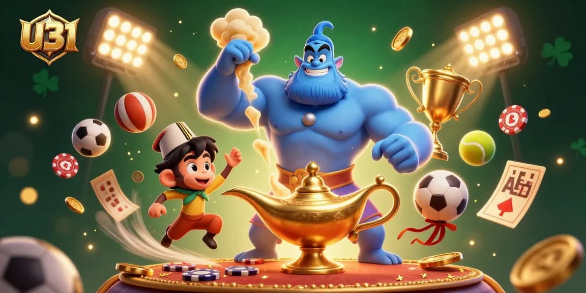 Experience U31’s dynamic casino atmosphere with a magical genie, sports balls, and festive betting elements.