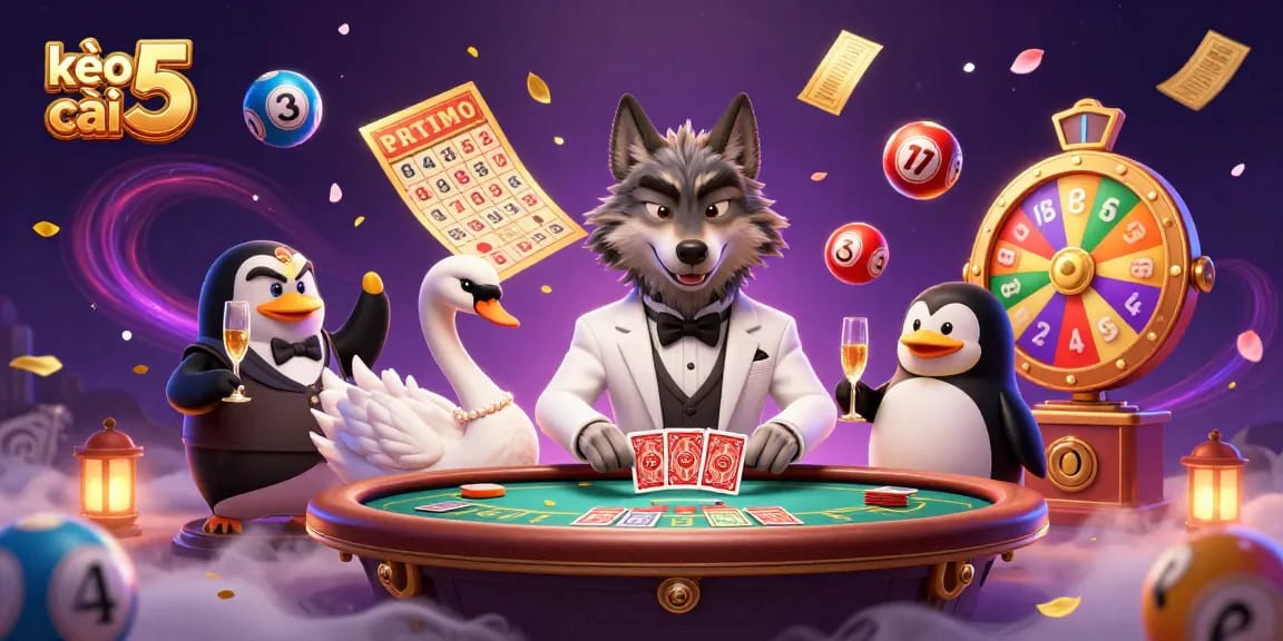Experience the thrilling atmosphere of kèo nhà cái 5 with lively characters at a dynamic casino scene.