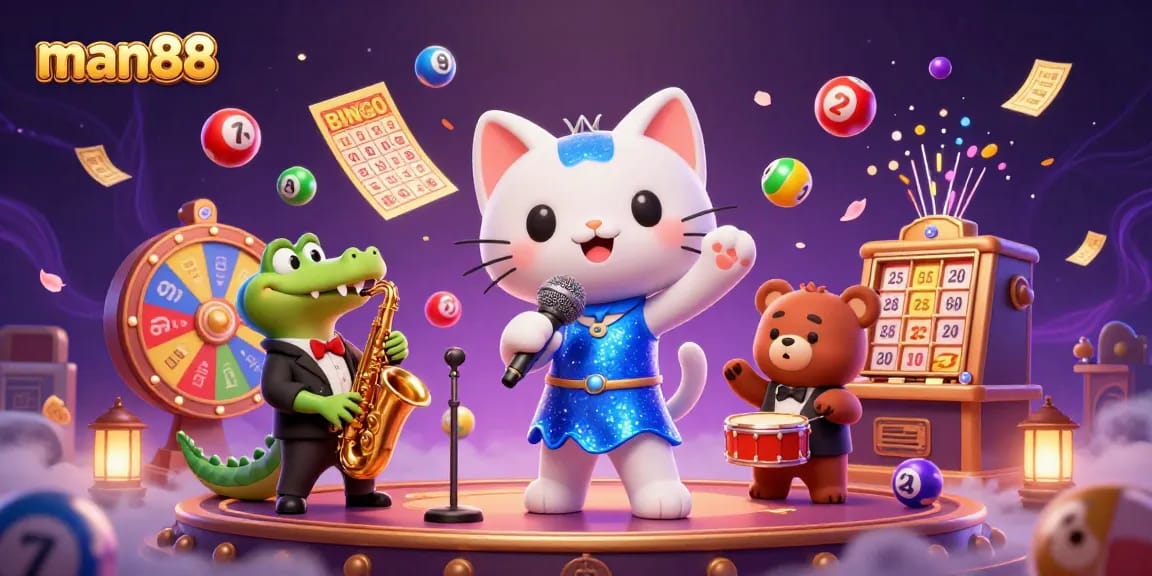 Experience the thrill at man88 casino with a vibrant lottery scene featuring lively characters.