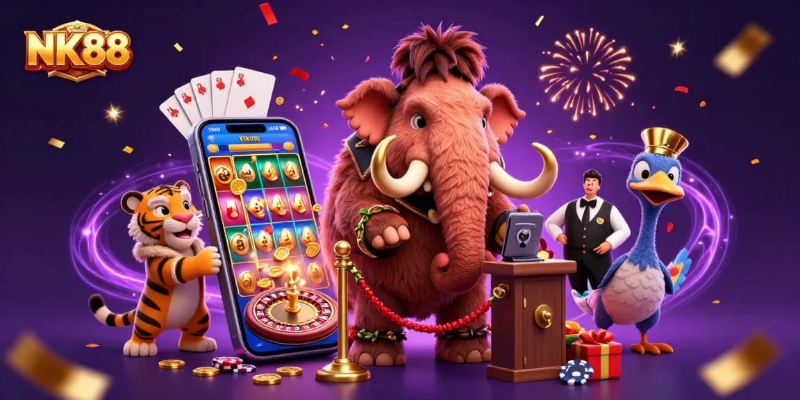 Check IDs at NK88 with a mammoth in a casino scene featuring vibrant games and festive energy.