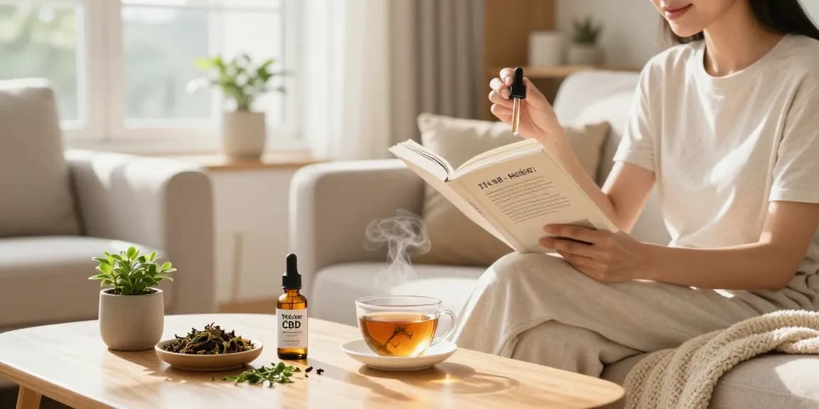 Learn more about THC-free CBD oil while enjoying a calming wellness moment in a bright living room.