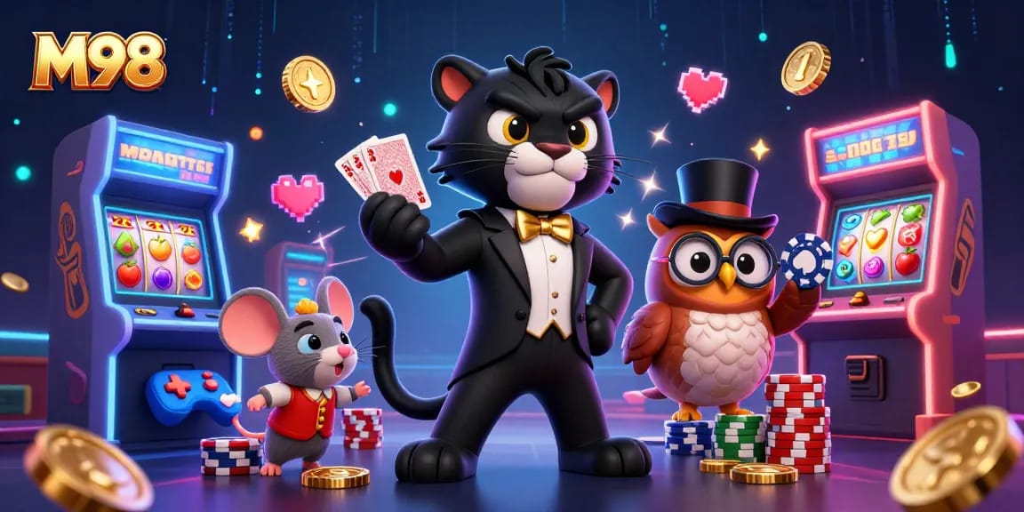 M98 casino scene with stylish panther dealing cards, owl with poker chips, and lucky mouse managing colorful slot elements.