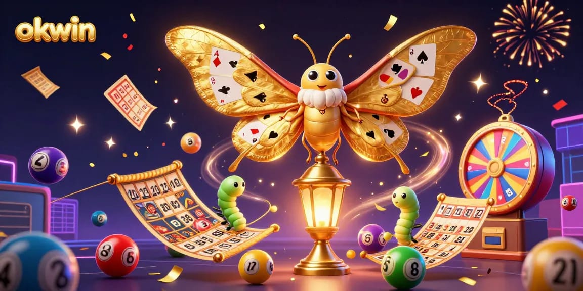 Experience the excitement of okwin as a majestic moth amidst vibrant casino elements and winnings.