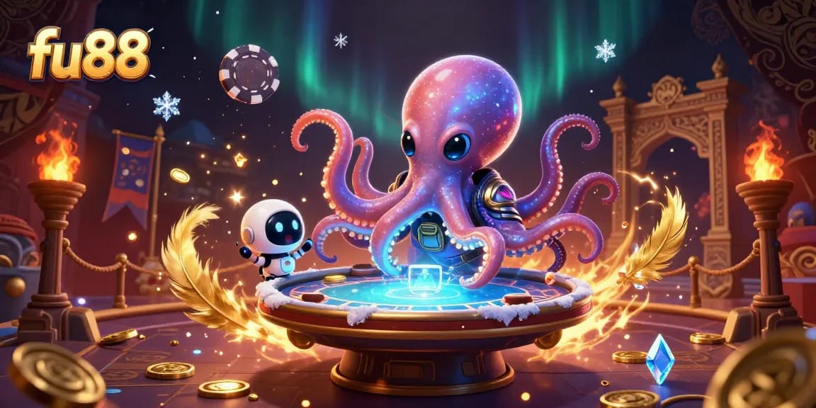 fu88 octopus gaming in a cosmic holographic poker arena with vibrant space elements
