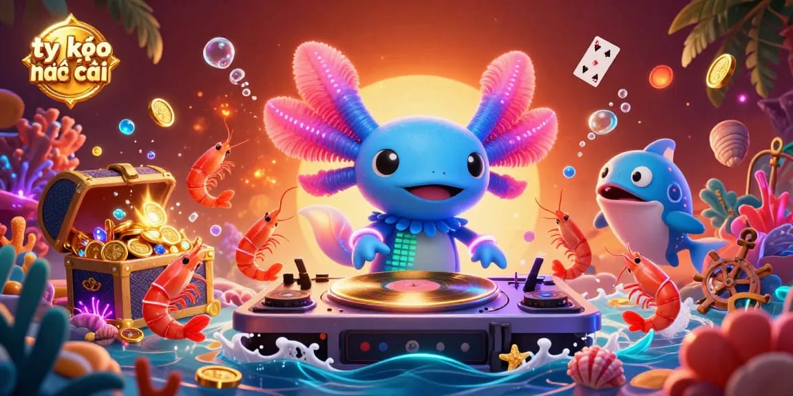 Experience the dynamic world of "tỷ lệ kèo nhà cái" with this vibrant underwater scene featuring a neon-colored DJ axolotl spinning records amid dancing shrimp and a hype blowfish.