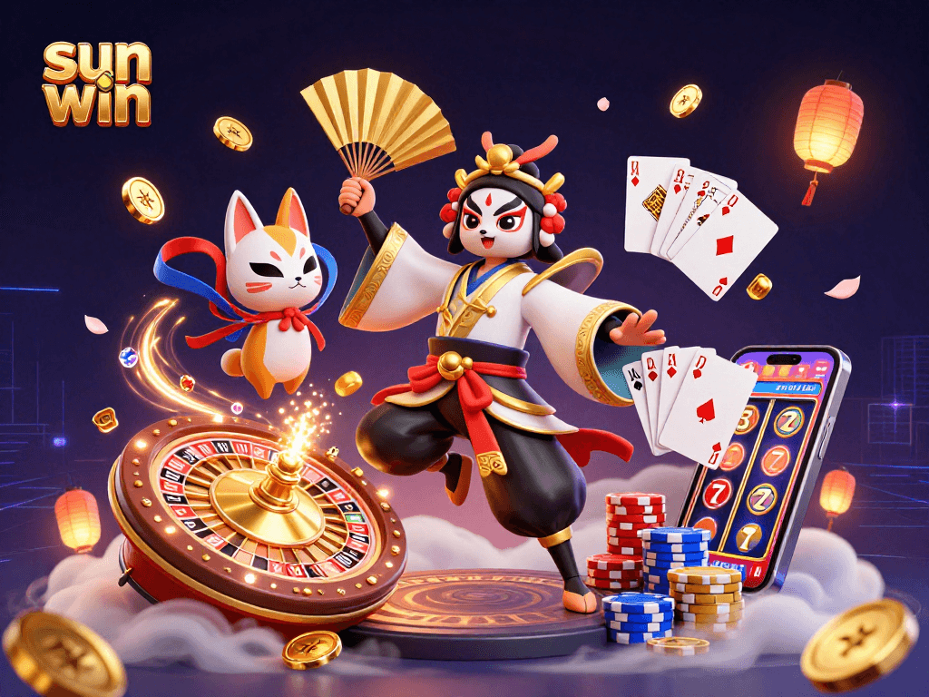 Experience thrilling gameplay with sun win in this vibrant 3D casino illustration showcasing iconic elements.