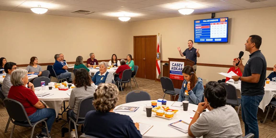 Community gathering with Casey Askar engaging voters at a town hall meeting.