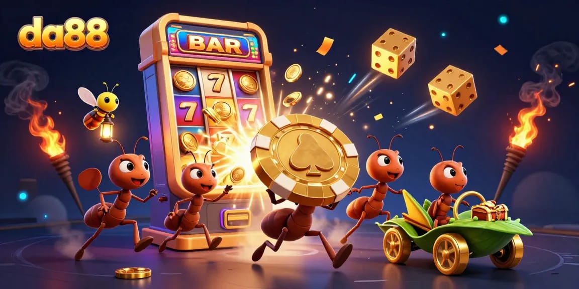 da88 ants carrying a giant poker chip in a vibrant 3D casino heist scene.