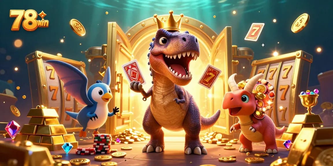 Engage with 78win’s thrilling casino games featuring T-Rex card shuffling and baby triceratops with gold chips.