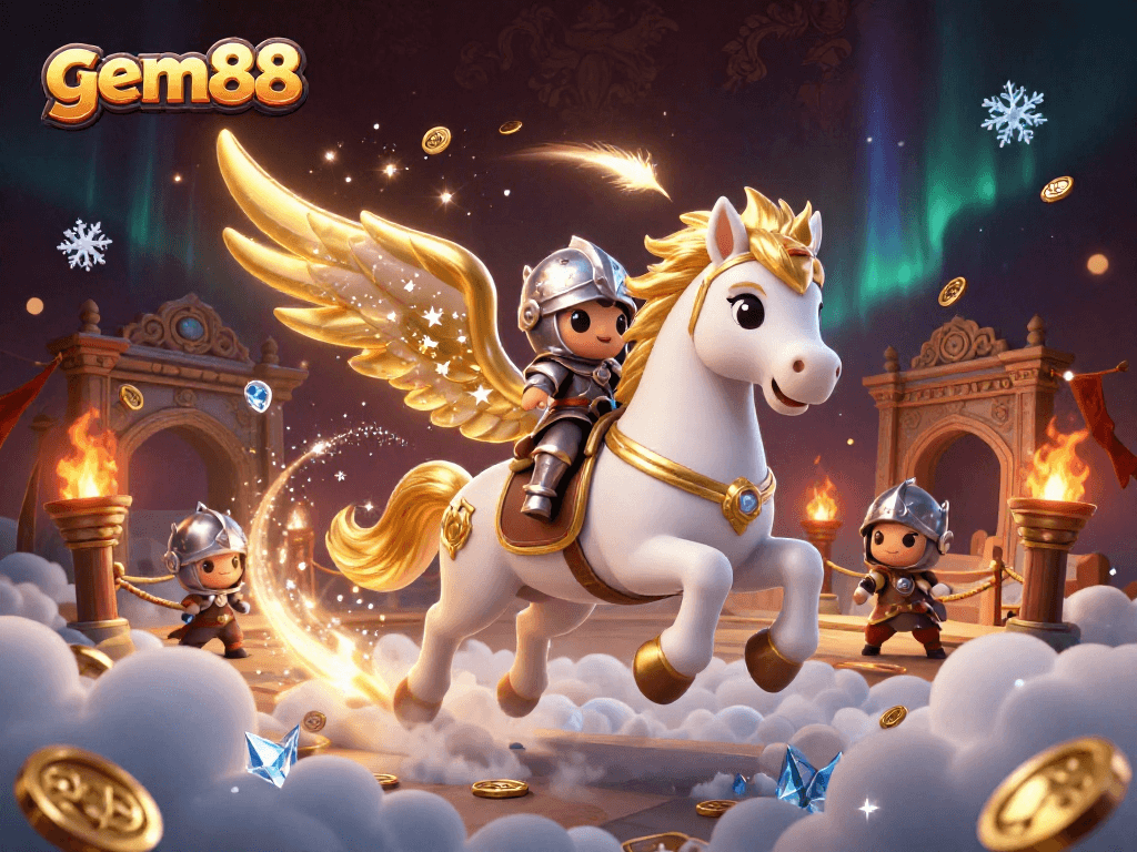Experience thrilling gameplay at gem88 with a dynamic 3D knight and celestial horse illustration.