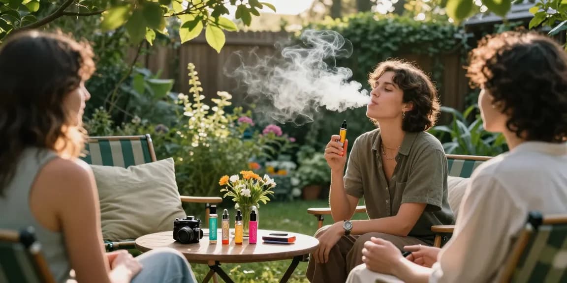 Person enjoying thc vapes in a cozy garden space with colorful accessories.