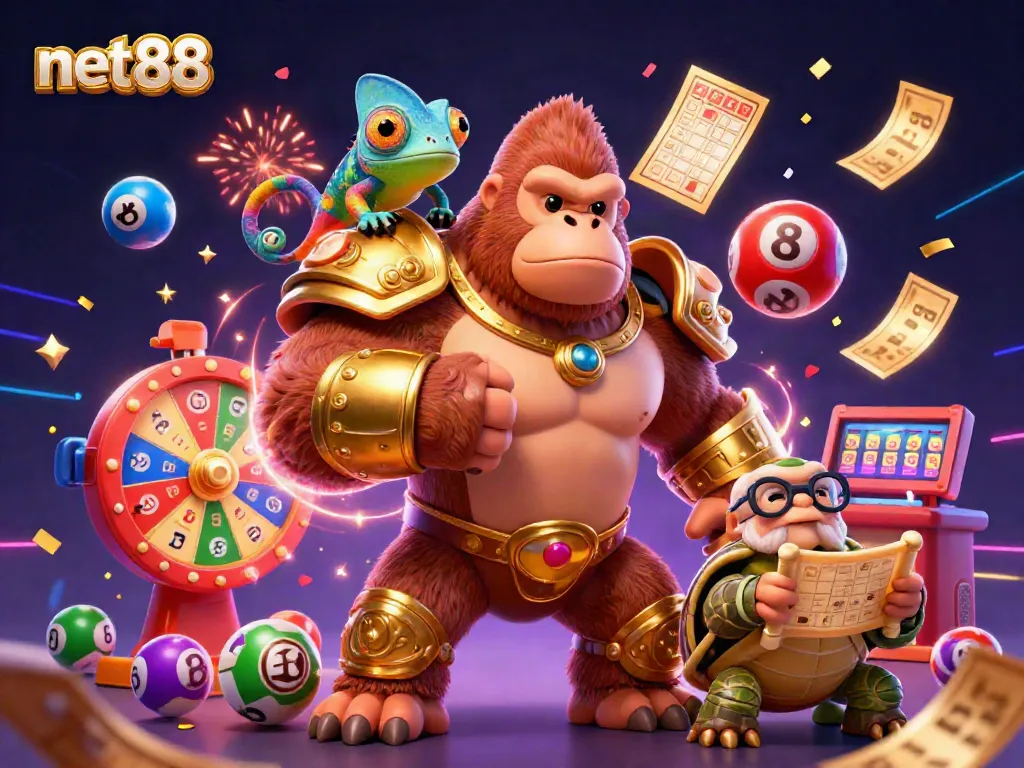 Experience net88's vibrant gaming atmosphere with a powerful gorilla king, chameleon, and tortoise in action.