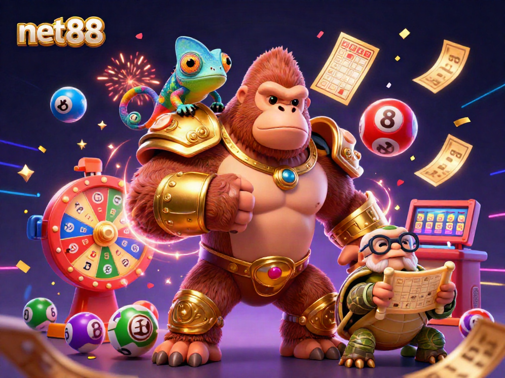 Experience net88's vibrant gaming atmosphere with a powerful gorilla king, chameleon, and tortoise in action.