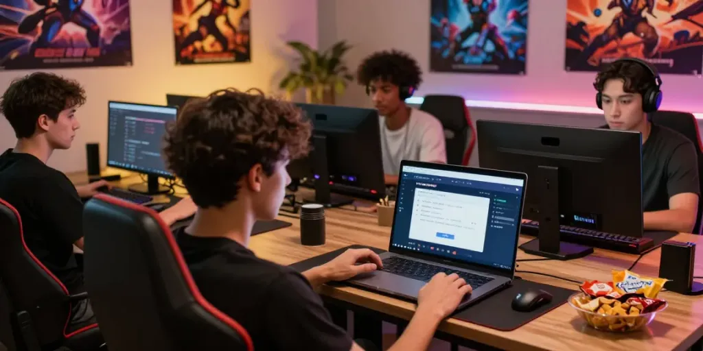 Online gaming experience with GEM88 on laptop and smartphone, showcasing community engagement.