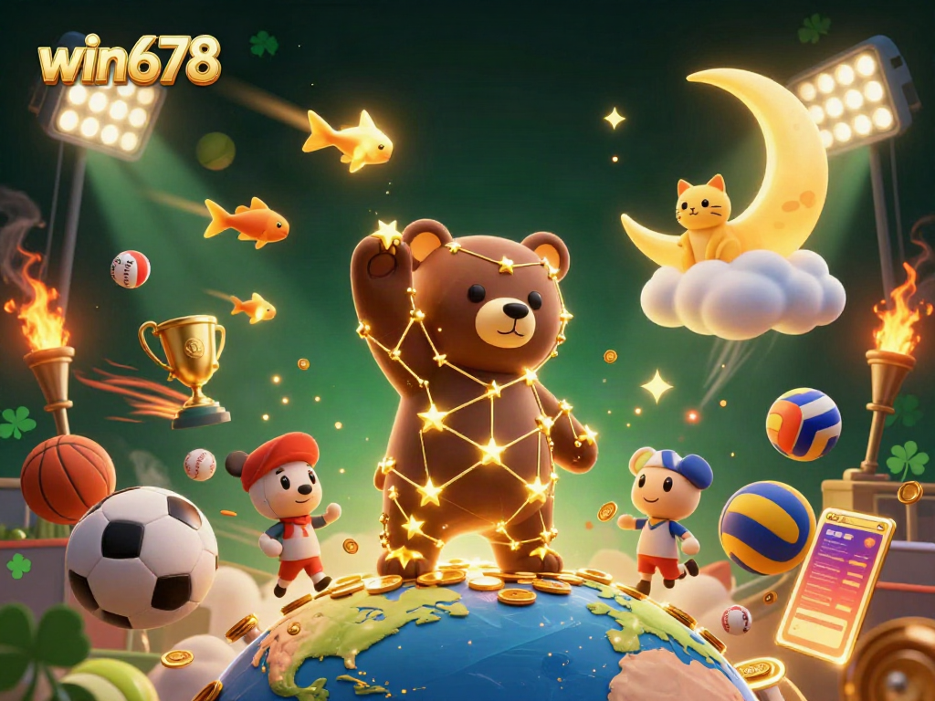 win678 showcases a vibrant 3D illustration with a constellation bear, sports elements, and dynamic golden coins.