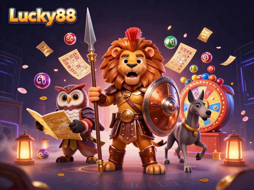 Engage with Lucky88 through a vibrant casino-themed illustration showcasing characters enjoying lottery and gaming elements, surrounded by dynamic effects.