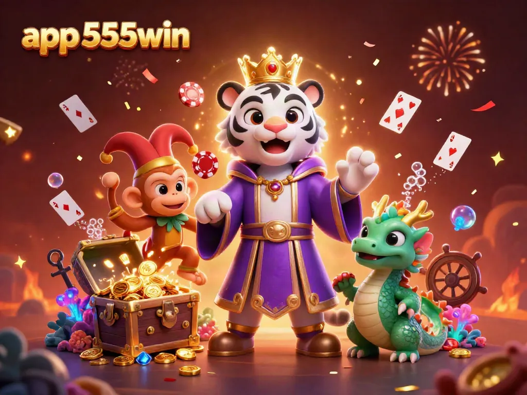 Celebrate wins with app 555win in a vibrant 3D scene featuring animated characters and casino elements.