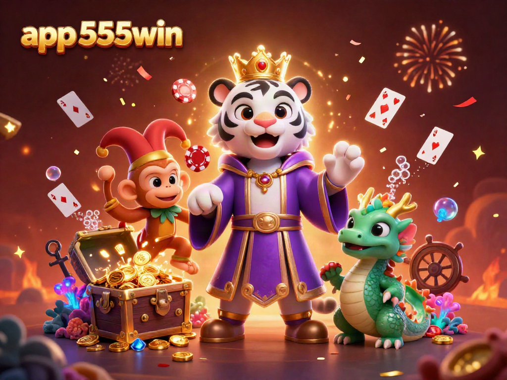 Celebrate wins with app 555win in a vibrant 3D scene featuring animated characters and casino elements.