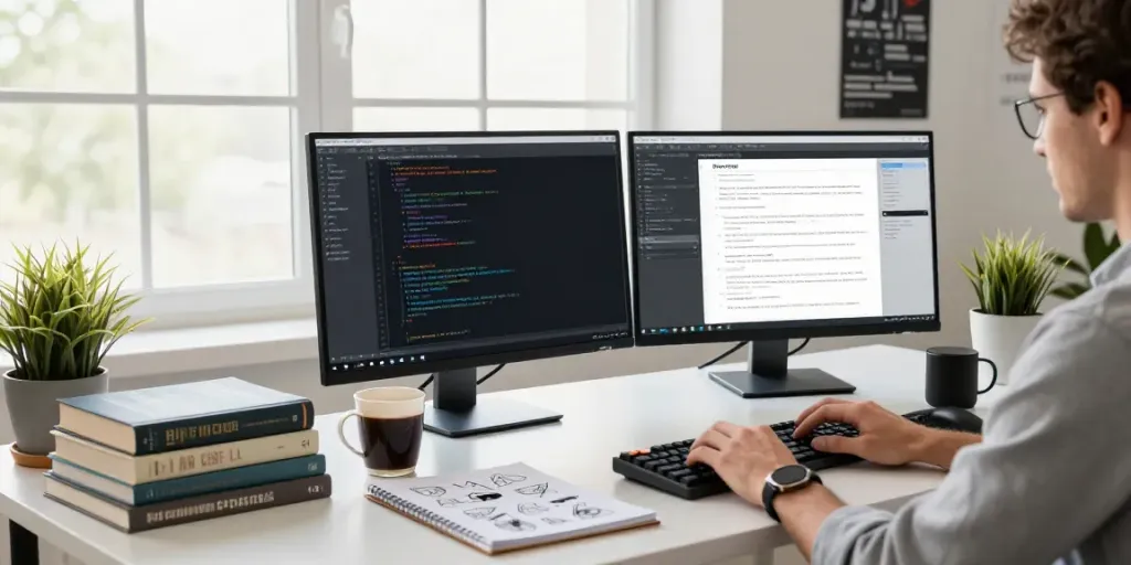 Submit software article proposal in a modern tech workspace with dual monitors and coding materials.
