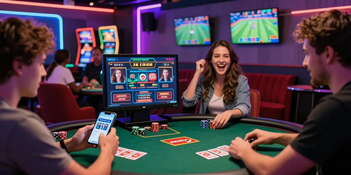 TK1971 online casino gaming scene with players enjoying mobile betting, immersive atmosphere, and vibrant colors.