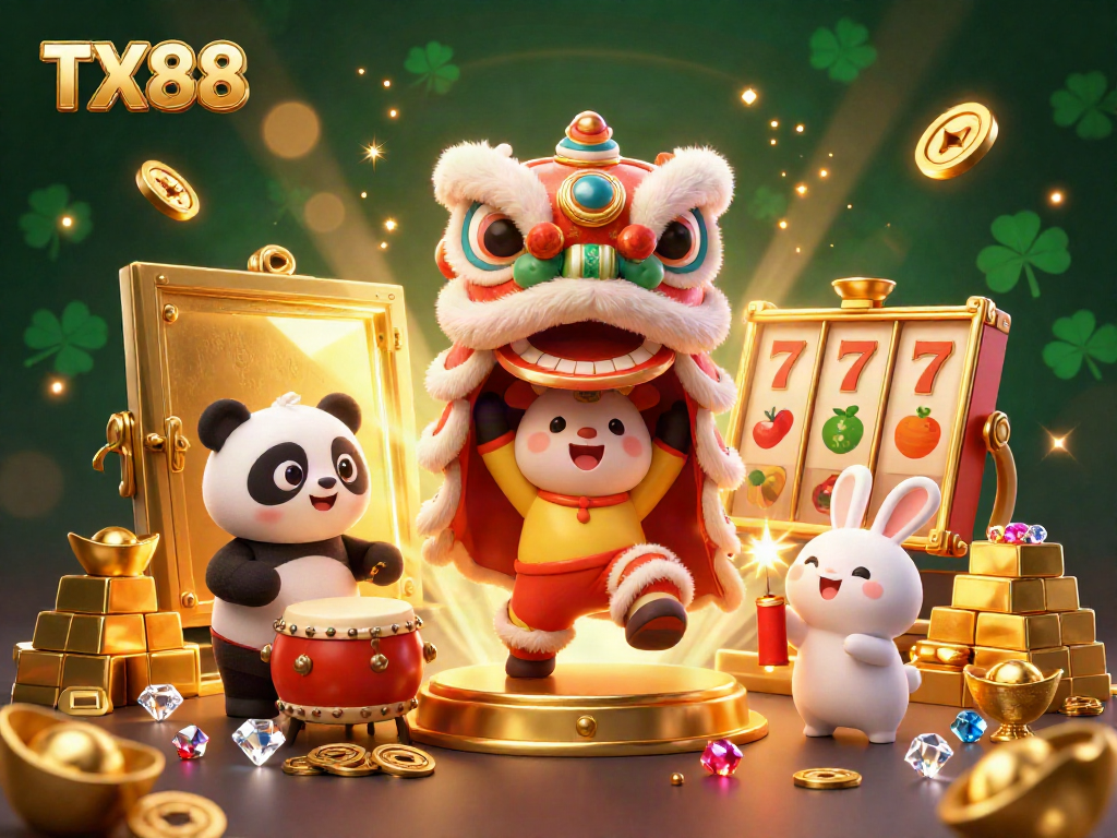 Spin the reels at TX88 with vibrant characters celebrating amid gold and treasure.