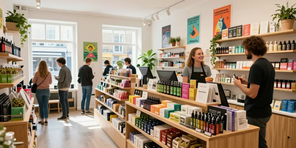 Welcoming cannabis shop in London with diverse products and customer interaction.