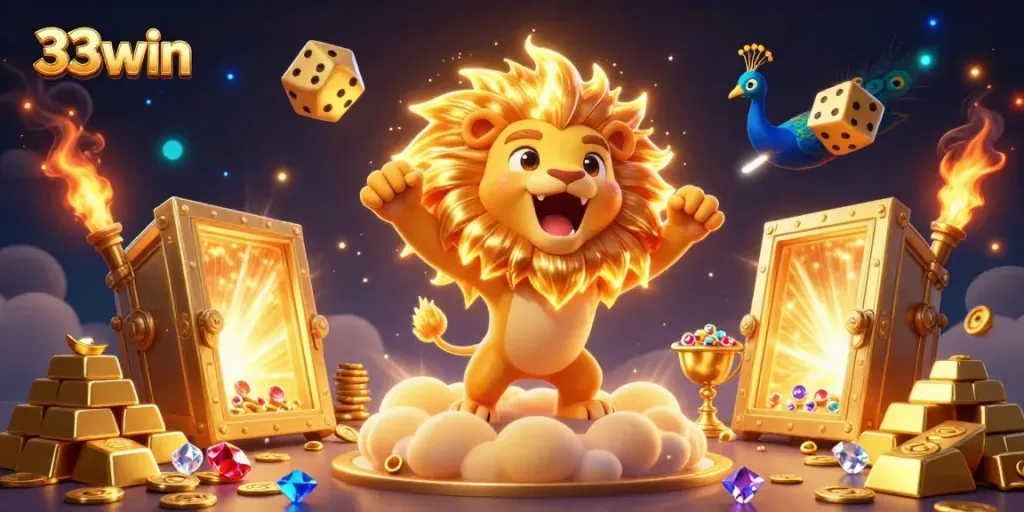 Experience the thrill of 33win with a majestic lion and golden elements in a vibrant casino scene.