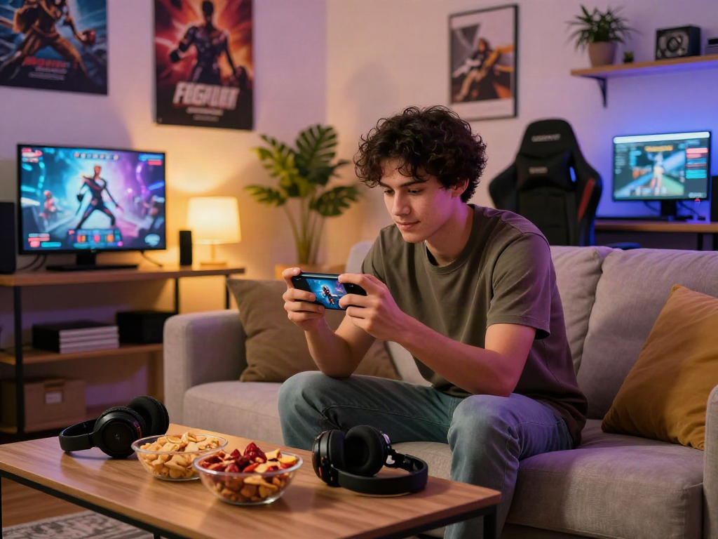 Engaged young man playing a mobile porn game in a cozy living room