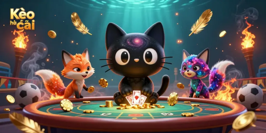 Kèo nhà cái reveals winning strategies at the sports betting table with a cosmic black hole cat.
