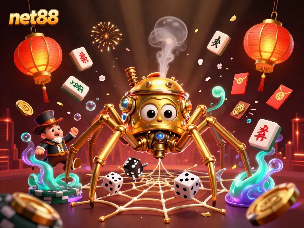 Engage with net88's vibrant online casino scene featuring a steampunk spider illustration and glowing elements.