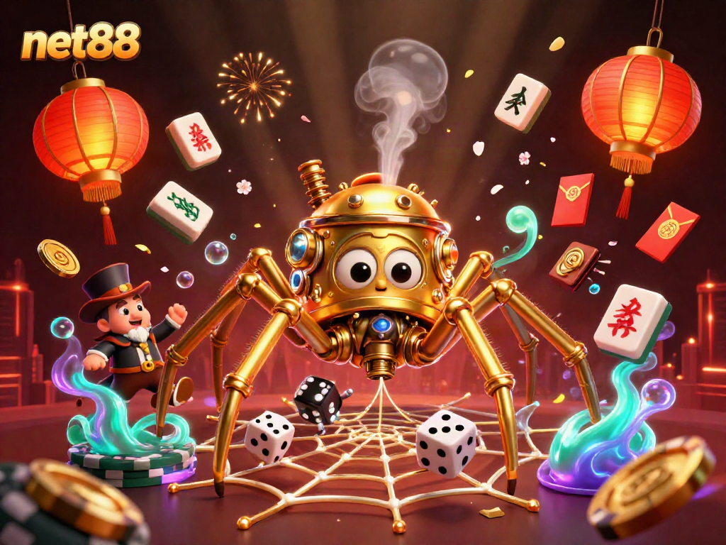 Engage with net88's vibrant online casino scene featuring a steampunk spider illustration and glowing elements.