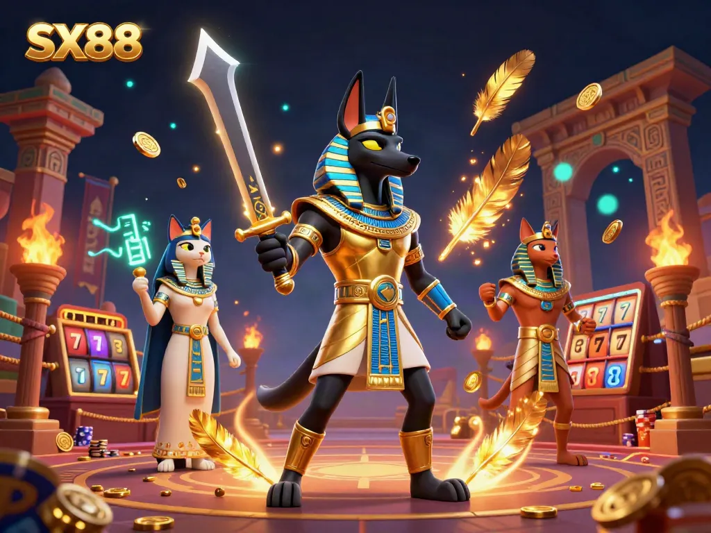 SX88 casino scene featuring Anubis and Bastet amidst slot reels and golden coins.
