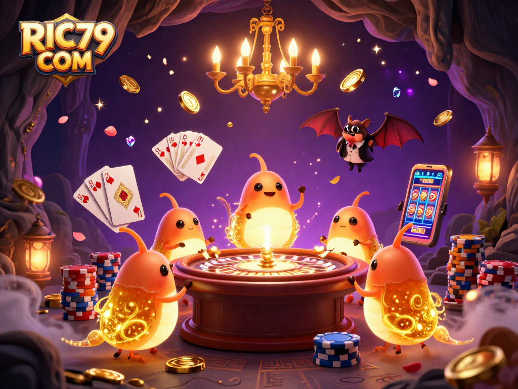 Experience thrilling gameplay at RIC79 COM with a vibrant cave casino illuminated by glowworms and a bat dealer.