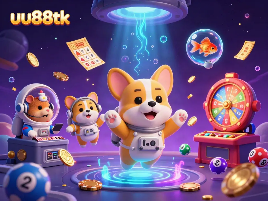 Engage with the thrill of uu88tk's online casino, featuring colorful game elements and floating characters in a vibrant scene.