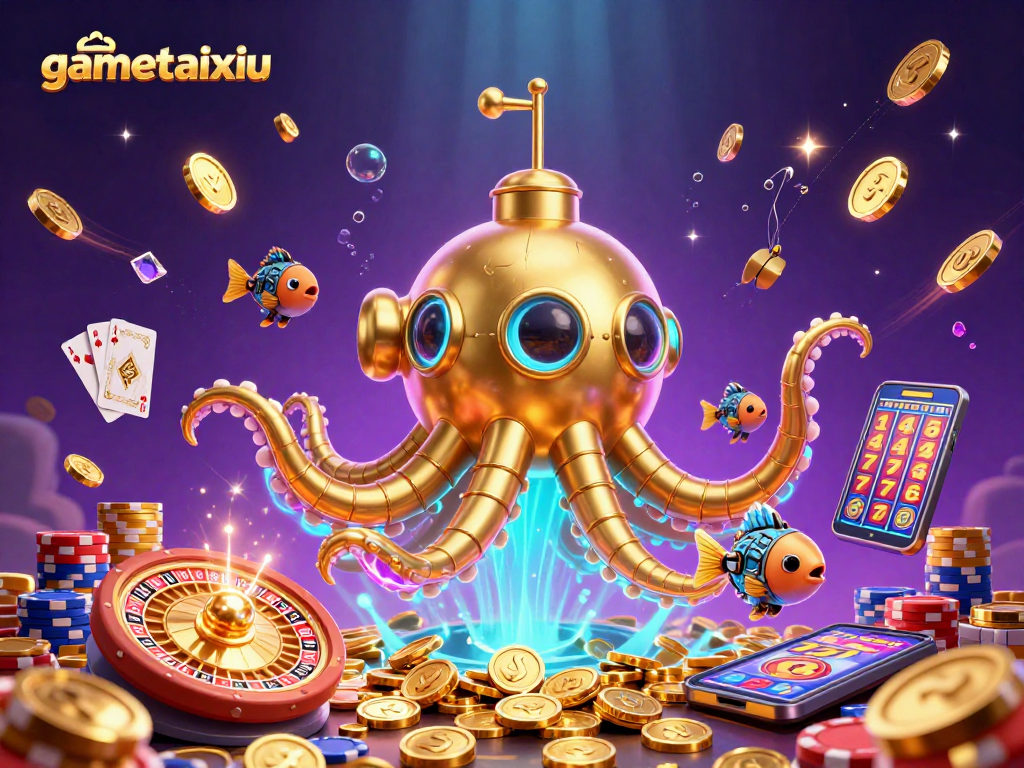 Engage in the thrilling adventure of gametaixiu with a vibrant 3D casino illustration filled with golden coins and vivid gaming elements.