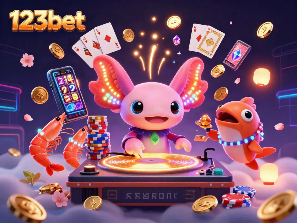 Engage with 123bet's vibrant casino scene featuring a neon axolotl DJ and lively characters.