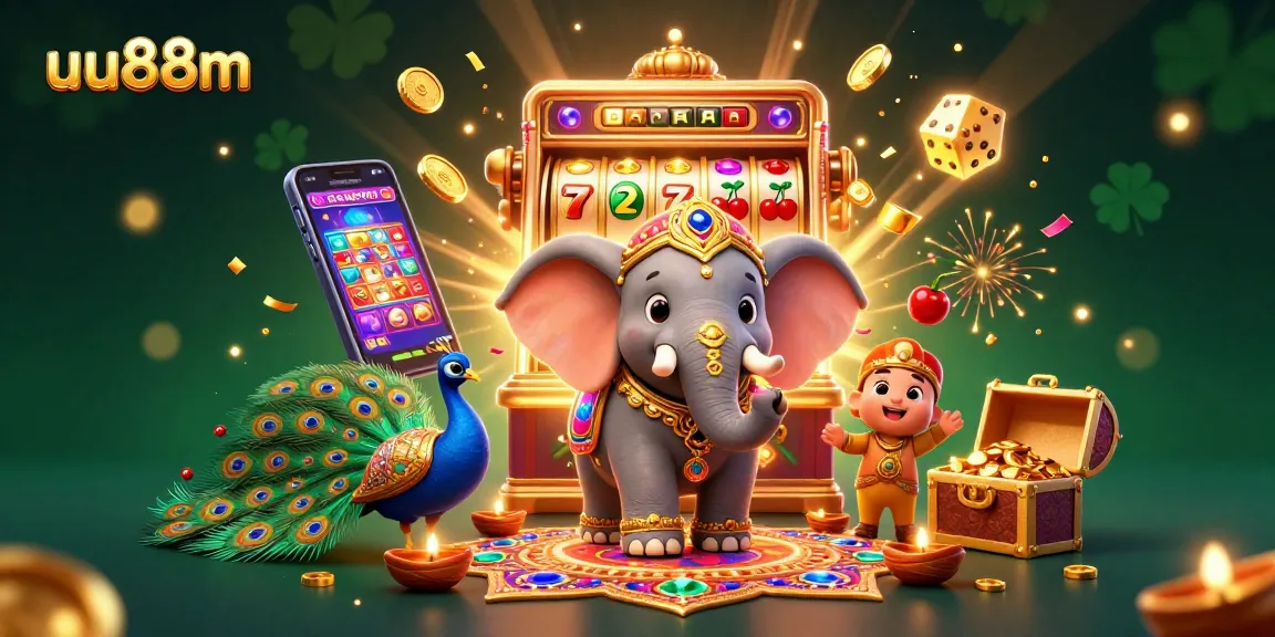 Engage with uu88m's vibrant slot machines and festive characters in a dynamic casino scene.