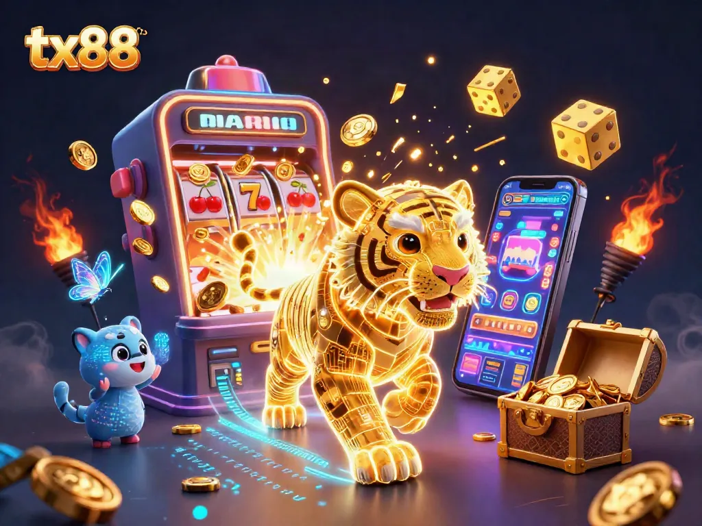 Experience exhilarating jackpots at tx88 with a vibrant digital casino theme, featuring a golden tiger and slot machines.